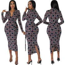Sexy Fashion Print V-neck Long Sleeve Midi Dress SMR-11955