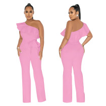 Solid Color Ruffled Jumpsuit With Belt YF-10423