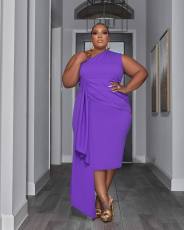 Plus Size Solid Sleeveless Oblique Shoulder Dress MOF-8922