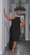 Plus Size Solid Sleeveless Oblique Shoulder Dress MOF-8922