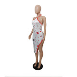 Sexy Backless Split Print Midi Dress QXTF-8149