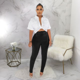 Short Sleeve Shirt Pants Contrast Color 2 Piece Set (With Waist Belt) YF-10447