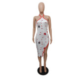 Sexy Backless Split Print Midi Dress QXTF-8149