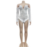 Sexy Wrap Chest Sequin Feather Bodysuit BY-6225