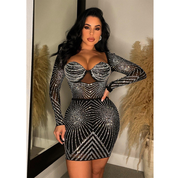 Solid Color Mesh Hot Drill Mini Dress BY-6243