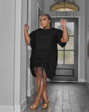 Plus Size Solid Drawstring Casual Midi Dress WPF-80918