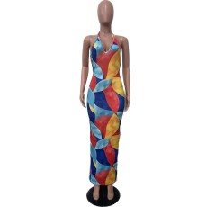 Casual Print Halter V Neck Maxi Dress OLYF-6116