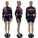Fashion Print Baseball Coat And Shorts Two Piece Set XYF-9302