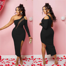 Single Shoulder Long Sleeve Irregular Midi Dress BY-6286