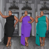 Sleeveless Ruffled Floating Belt Plus Size Midi Dress XHSY-19556