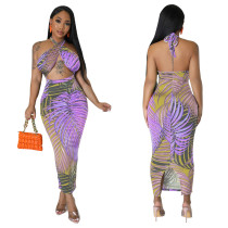 Sexy Print Tie Up Backless Split Maxi Dress YF-10426