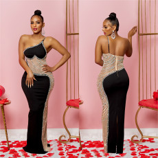 Hot Drill Mesh Patchwork Maxi Dress BY-6271