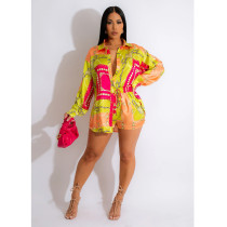 Color Block Lapel Neck Shirt And Shorts Two Piece Set BY-6277