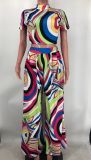Fashion Printed Short Sleeve Wide Leg Pants Two Piece Set XMY-9405