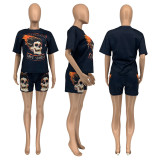 Skull Print Short Sleeve Shorts Two Piece Set GLF-08127