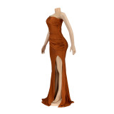 Slash Shoulder Sleeveless Split Evening Dress AIL-232
