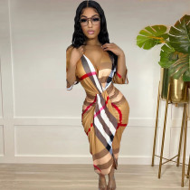 Plus Size Color Blocking Stripe Split Maxi Dress HGL-2023