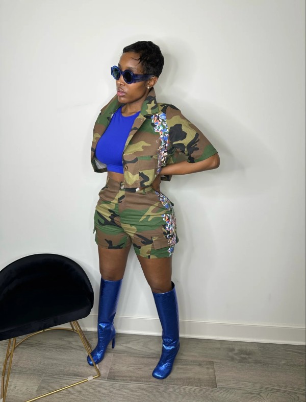Fashion Camouflage Print Two Piece Short Set LSL-6512