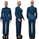 Plus SIze Solid Color Waist Belt Slim Jumpsuit LSD-86022