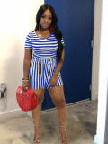 Plus Size Stripe Print Short Sleeve Shorts Two Piece Set WAF-77556