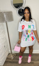 Plus Size Letter Print Short Sleeve Casual Dress FNN-8707