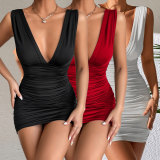 Solid Color Deep V Neck Nightclub Dress FSXF-F523