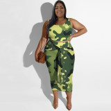 Plus Size Print Sleeveless Tie Up Two Piece Skirt Set NNWF-7817