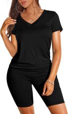 Solid Color V Neck Shorts Sleeve Shorts 2 Piece Set SHD-9411
