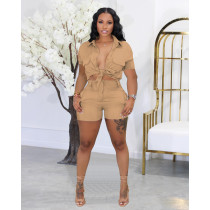 Solid Color Tie Up Shirt And Shorts Two Piece Set FOSF-8352