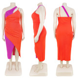 Plus Size Contrast Color Split Slash Shoulder Maxi Dress ASL-7090
