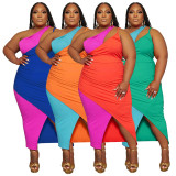 Plus Size Contrast Color Split Slash Shoulder Maxi Dress ASL-7090