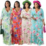 Plus Size V Neck Tie Up Print Dress NK-8625