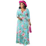 Plus Size V Neck Tie Up Print Dress NK-8625