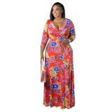 Plus Size V Neck Tie Up Print Dress NK-8625