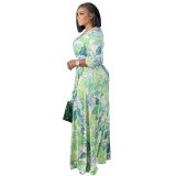 Plus Size V Neck Tie Up Print Dress NK-8625