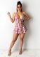 Plaid Print Halter Tie Up Tops And Skirt Sport Set QXTF-8837