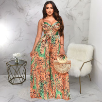 Sexy Print Sling Wide Leg Jumpsuit With Waist Belt YF-10481