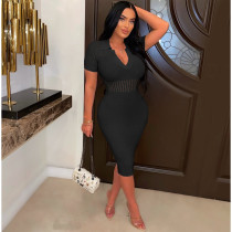 Solid Color V Neck Knits Hollow Out Midi Dress OSM-4391