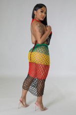 Knitted Color Blocking Tassel Beach Dress OSM-4393