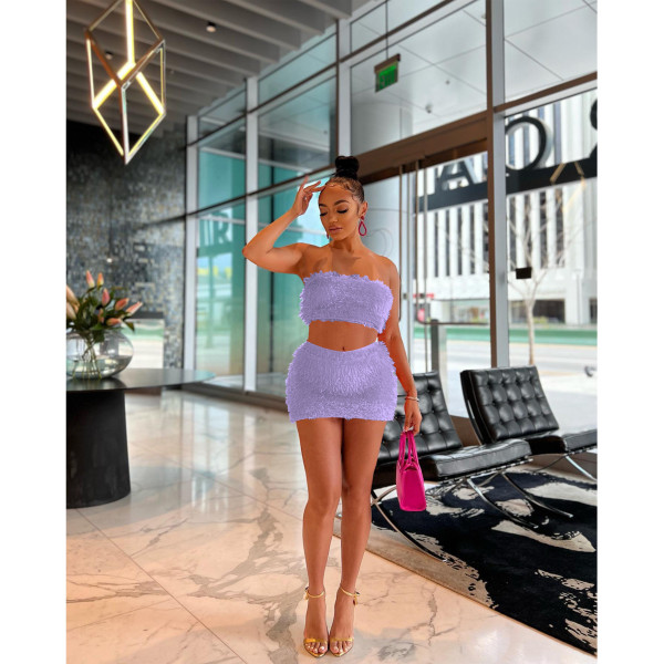 Fluffy Wrap Chest And Skirt Two Piece Set FOSF-8355