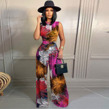 Print Sleeveless Bodysuit And Wide Leg Pant 2 Piece Set SHD-9423