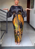Fashion Print Long Sleeve Bandage Maxi Dress LS-0396