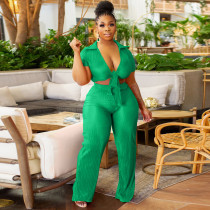 Solid Color Tie Up Tops And Wide Leg Pants Two Piece Set YNSF-1897