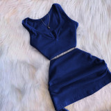 Sexy Solid Sleeveless Top Drawstring Skirt Suit QKYF-71357