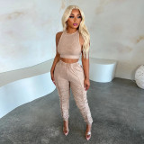 Solid Color Sleeveless Top And Pleated Pants Sport Suit YF-10494