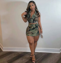Camo Print Denim Bandage Sleeveless Skirts Two Piece Set MEM-88492
