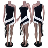 Ruffle Tassel Color blocking Sexy Dress MDF-5372