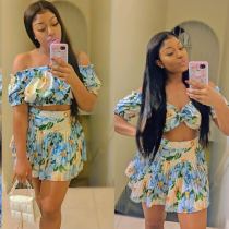 Printed Short Sleeve Crop Top+Pleated Skirt Set BN-9431