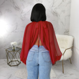 Shawl Laced Up Chiffon Bat Sleeve Top YF-10512