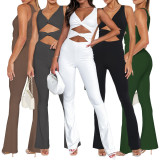 Solid Color Hollow Twist Knot Flare Jumpsuit ASL-6667
